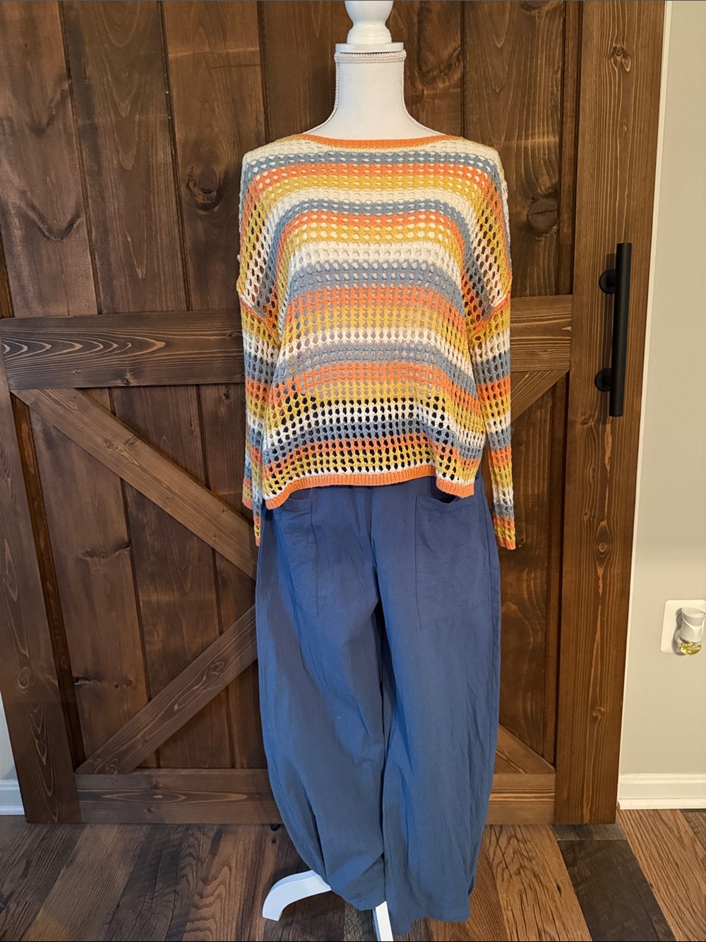 Lightweight Multicolor Open-Knit Stripe Sweater Top